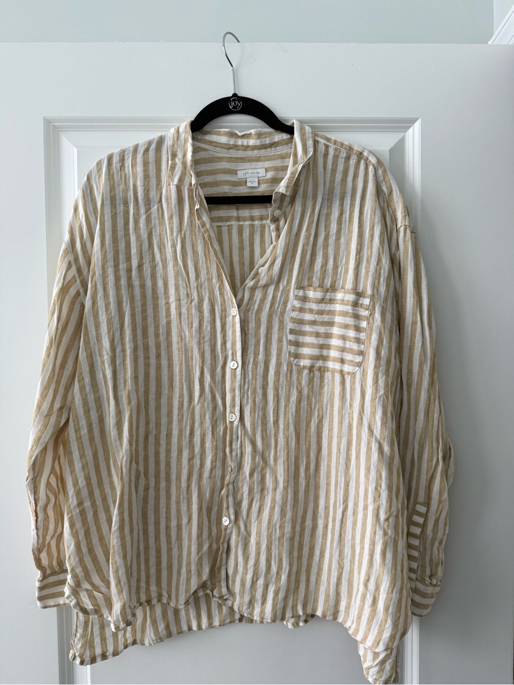 J. Jill Beige and White Striped Casual Linen Button-Down Shirt